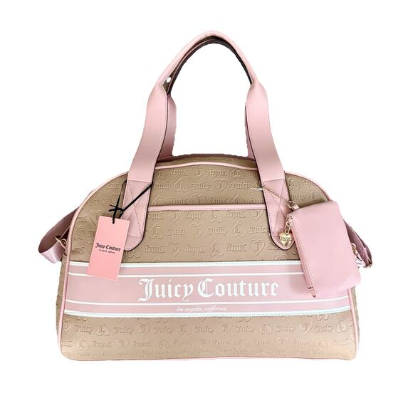 JUICY COUTURE Fashionista CAFÉ Dome Weekender PINK BAG CHARM Y2K Travel Duffle - Picture 1 of 16